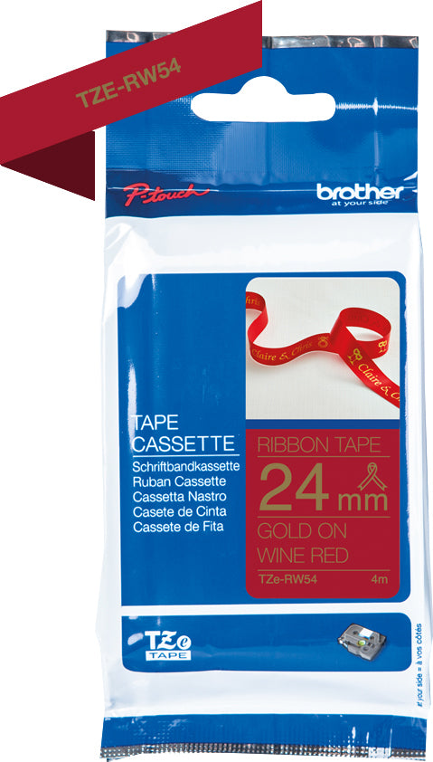 Ptouch Brother TZe-RW54 Textil-/Satinband – rot auf gold – 24 mm × 4 m – für Brother P-touch