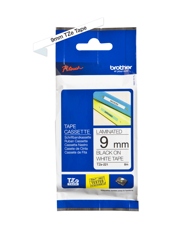 Ptouch Brother TZe-221 Schriftband – Schwarz auf Weiss – 9 mm × 8 m, laminiert – für Brother P-touch