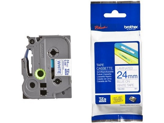 Ptouch Brother TZe-253 Schriftband – Blau auf Weiss – 24 mm × 8 m, laminiert – für Brother P-touch