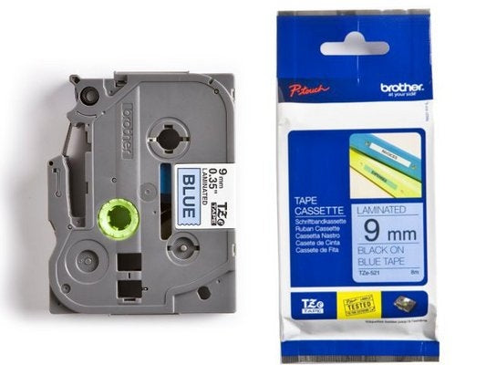 Ptouch Brother TZe-521 Schriftband – Schwarz auf Blau – 9 mm × 8 m, laminiert – für Brother P-touch