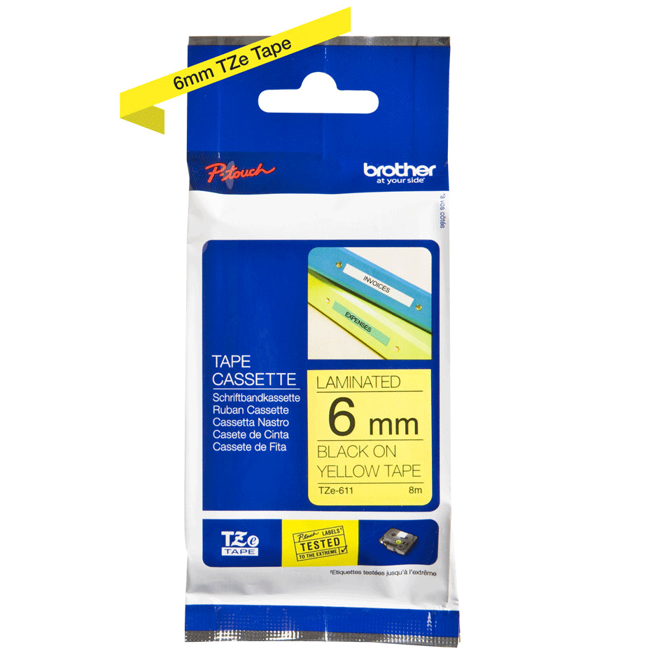 Ptouch Brother TZe-611 Schriftband – Schwarz auf Gelb – 6 mm × 8 m, laminiert – für Brother P-touch