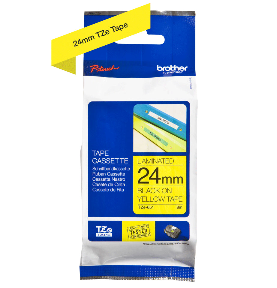 Ptouch Brother TZe-651 Schriftband – Schwarz auf Gelb – 24 mm × 8 m, laminiert – für Brother P-touch PT-2450DX