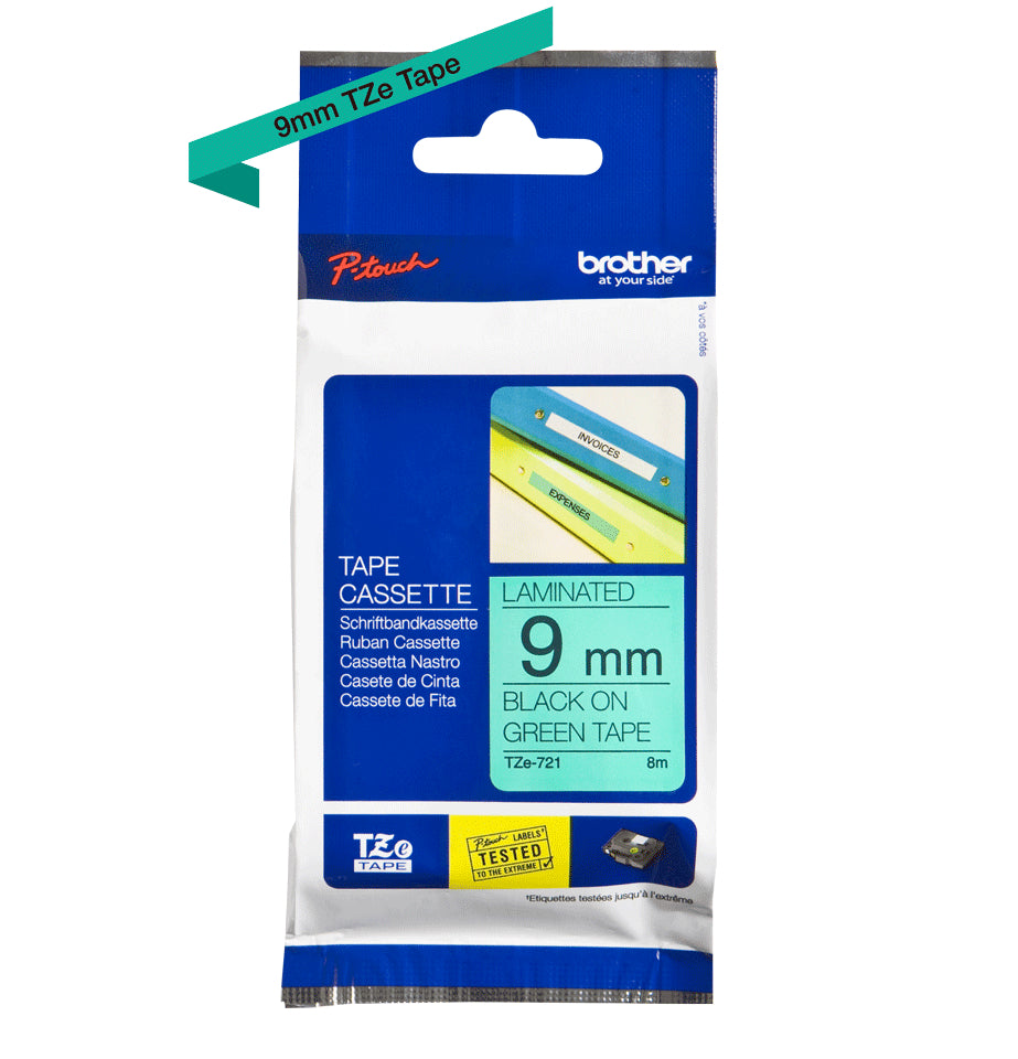 Ptouch Brother TZe-721 Schriftband – Schwarz auf Grün – 9 mm × 8 m, laminiert – für Brother P-touch