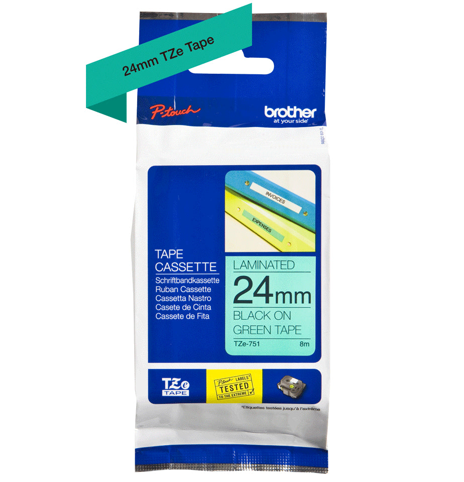 Ptouch Brother TZe-751 Schriftband – Schwarz auf Grün – 24 mm × 8 m, laminiert – für Brother P-touch