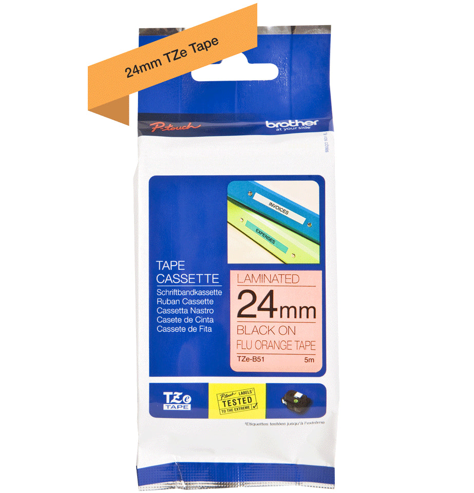 Ptouch Brother TZe-B51 fluoreszierendes Schriftband – schwarz auf fluoreszierend orange – 24 mm × 5 m – für P-touch