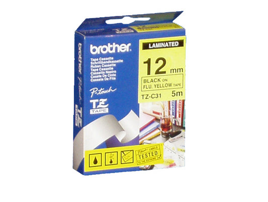 Ptouch Brother TZe-C31 fluoreszierendes Schriftband – schwarz auf fluoreszierend gelb – 12 mm × 5 m – für P-touch