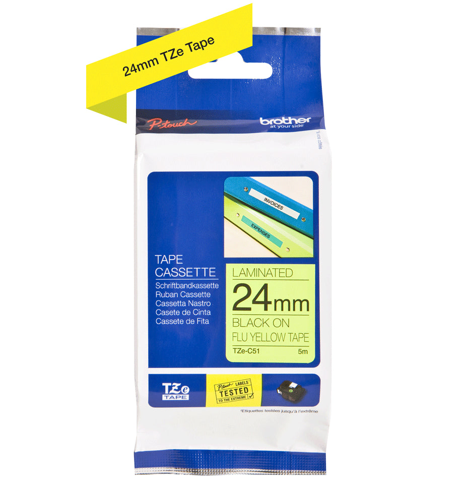 Ptouch Brother TZe-C51 fluoreszierendes Schriftband – schwarz auf fluoreszierend gelb – 24 mm × 5 m – für Brother P-touch