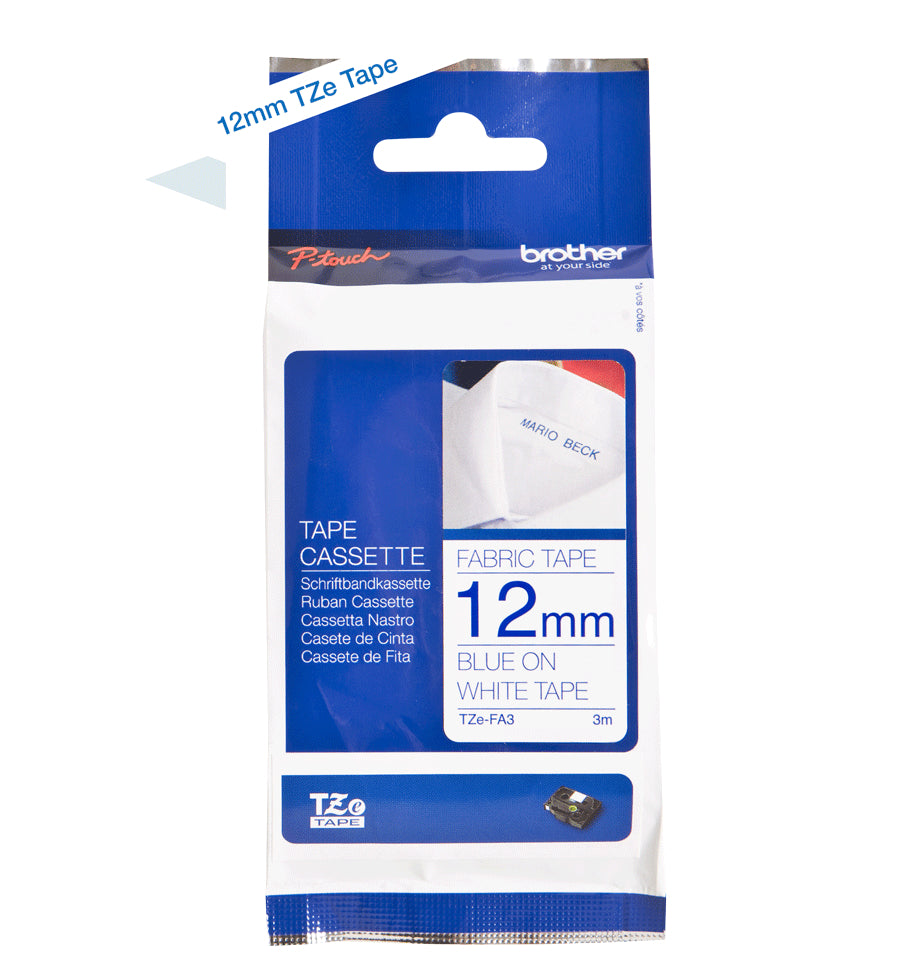 Ptouch Brother TZe-FA3 Textil-/Satinband – Blau auf Weiss – 12 mm × 3 m – für Brother P-touch
