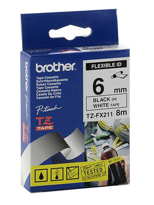Ptouch Brother TZe-FX211 Flexibles Schriftband – Schwarz auf Weiss – 6 mm × 8 m, laminiert – für Brother P-touch PT-55