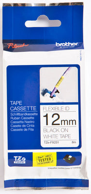 Ptouch Brother TZe-FX231 Flexibles Schriftband – Schwarz auf Weiss – 12 mm × 8 m, laminiert – für Brother P-touch