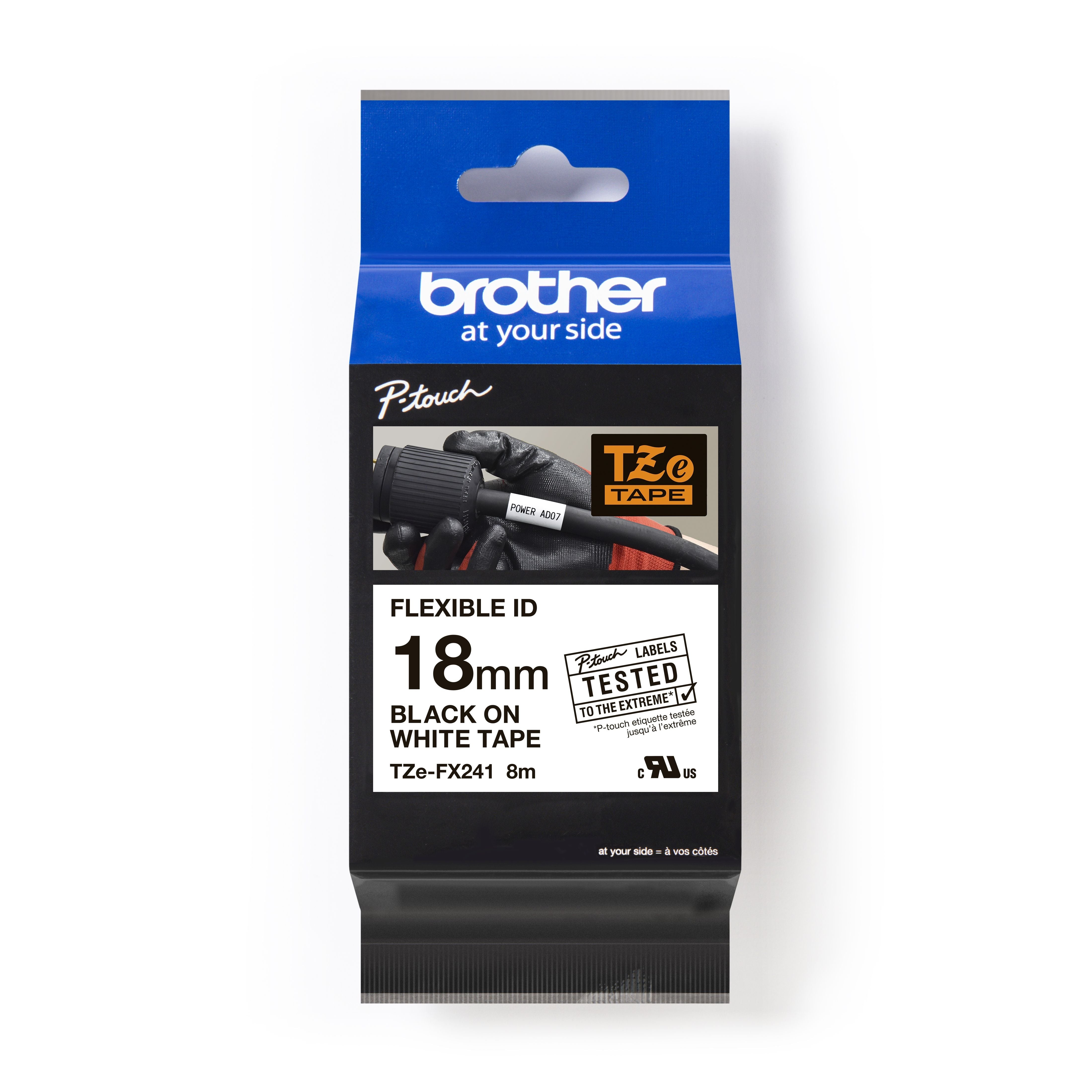 Ptouch Brother TZe-FX241 Flexibles Schriftband – Schwarz auf Weiss – 18 mm × 8 m, laminiert – für Brother P-touch