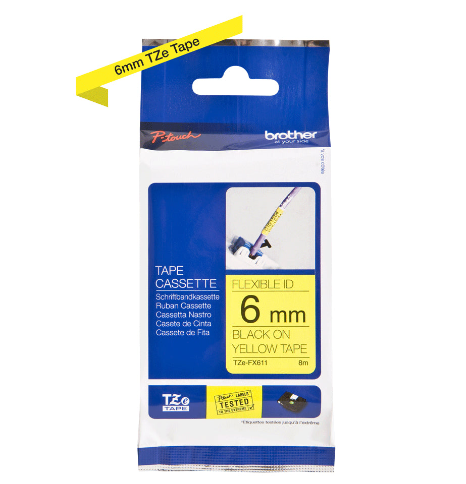 Ptouch Brother TZe-FX611 Flexibles Schriftband – Schwarz auf Gelb – 6 mm × 8 m, laminiert – für Brother P-touch PT-550
