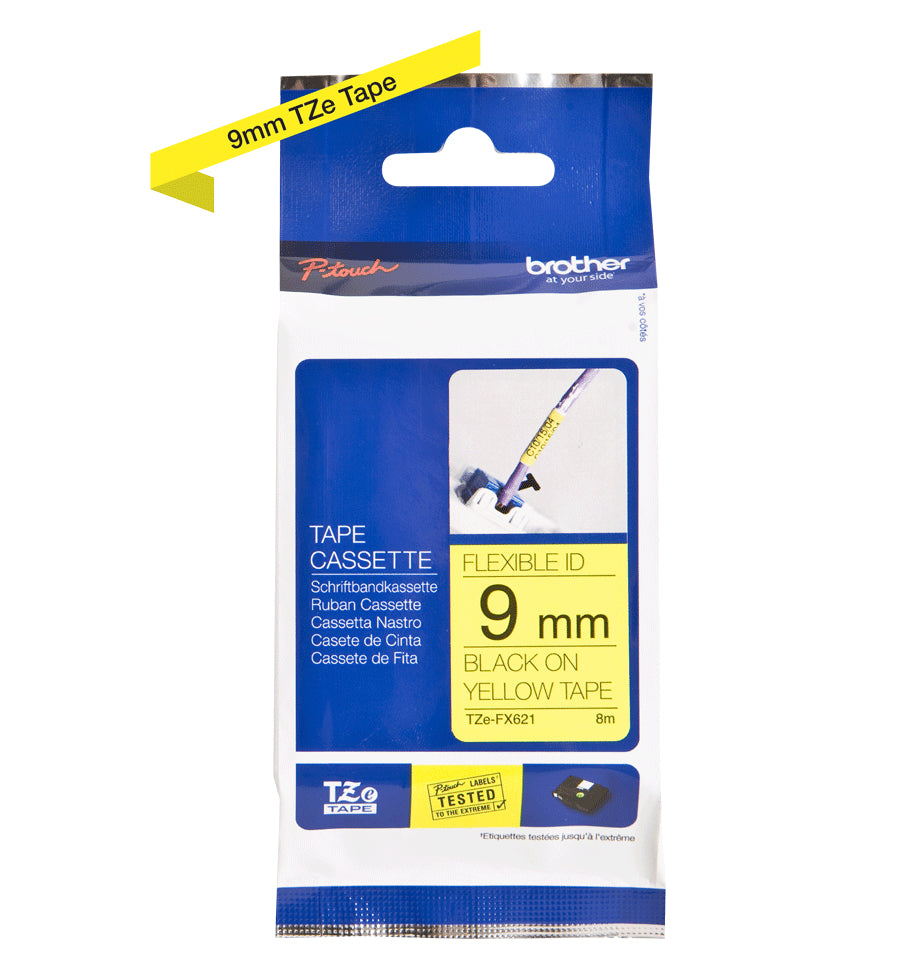 Ptouch Brother TZe-FX621 Flexibles Schriftband – Schwarz auf Gelb – 9 mm × 8 m, laminiert – für Brother P-touch