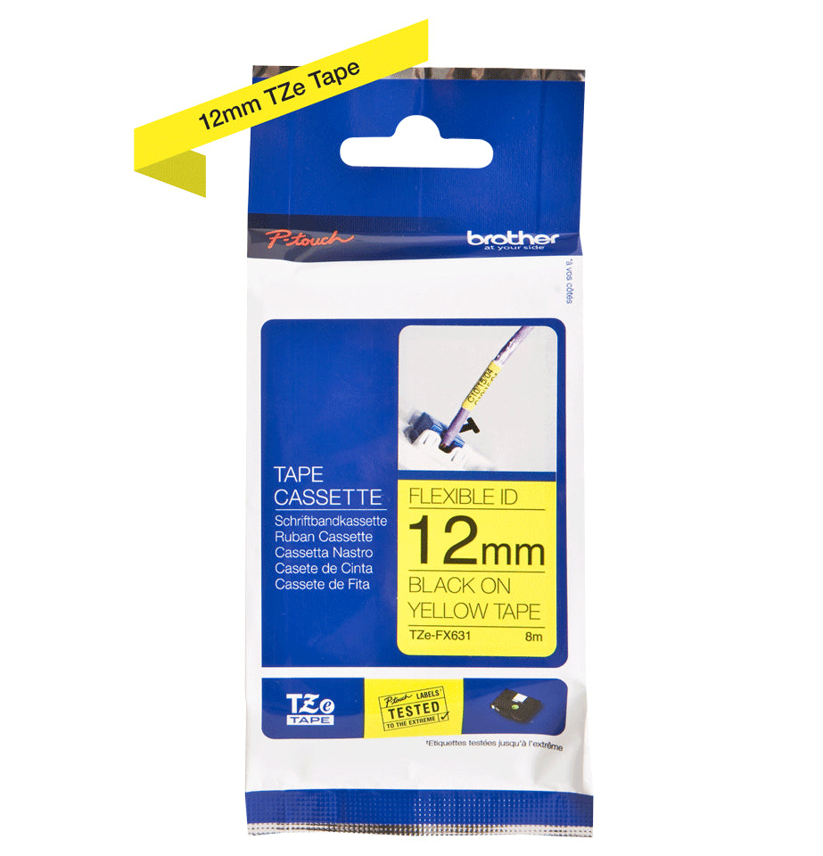 Ptouch Brother TZe-FX631 Flexibles Schriftband – Schwarz auf Gelb – 12 mm × 8 m, laminiert – für Brother P-touch