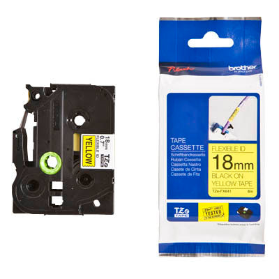 Ptouch Brother TZe-FX641 Flexibles Schriftband – Schwarz auf Gelb – 18 mm × 8 m, laminiert – für Brother P-touch