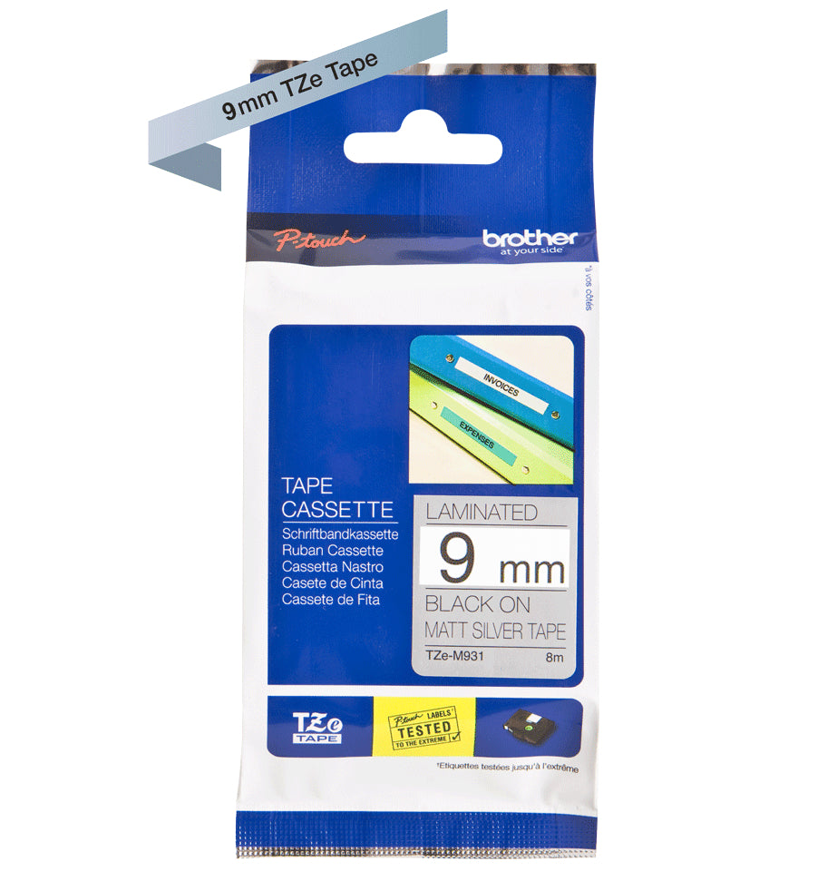 Ptouch Brother TZe-M921 Flexibles Schriftband – Schwarz auf Matt-Silber – 9 mm × 8 m, laminiert – für Brother P-touch