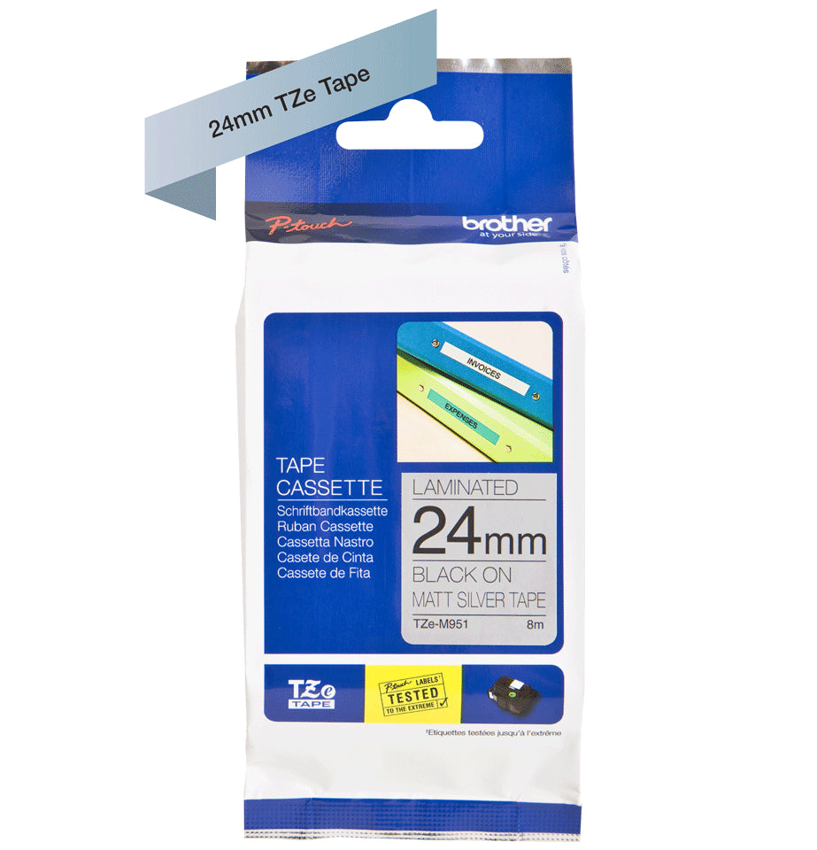Ptouch Brother TZe-M951 Flexibles Schriftband – Schwarz auf Matt-Silber – 24 mm × 8 m, laminiert – für Brother P-touch