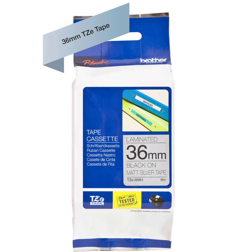 Ptouch Brother TZe-M961 Flexibles Schriftband – Schwarz auf Matt-Silber – 36 mm × 8 m, laminiert – für Brother P-touch
