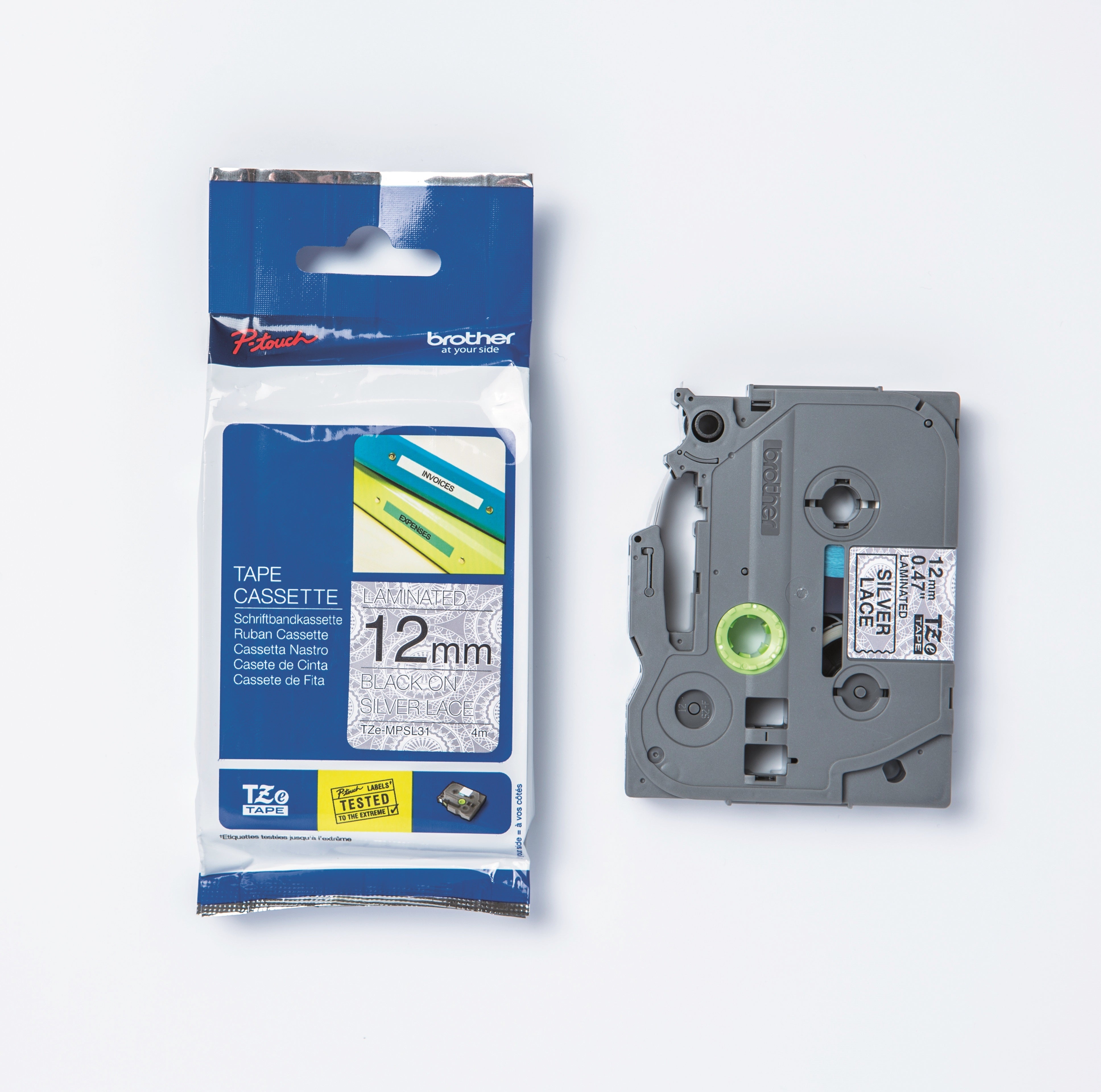 Ptouch Brother TZe-MPSL3 Schriftband – Schwarz auf Silber – 12 mm, laminiert – für Brother P-touch