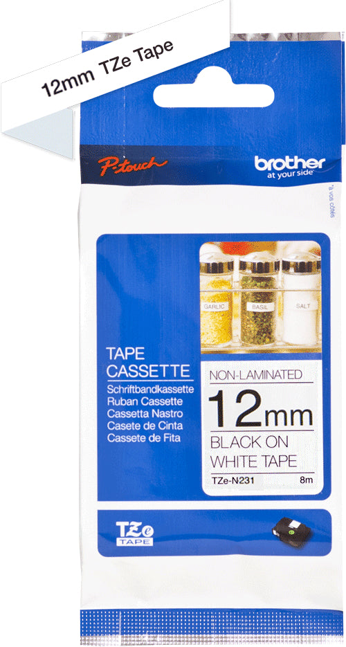 Ptouch Brother TZe-N231 Schriftband – Schwarz auf Weiss – 12 mm × 8 m, nicht laminiert – für Brother P-touch