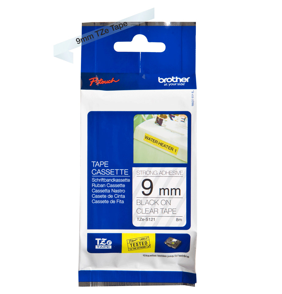 Ptouch Brother TZe-S121 Schriftband – Schwarz auf Transparent – 9 mm × 8 m, laminiert – für Brother P-touch