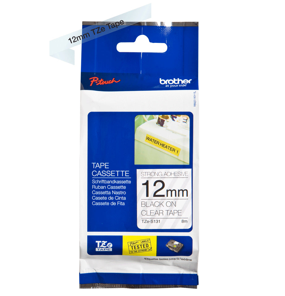 Ptouch Brother TZe-S131 extra stark klebendes Schriftband – schwarz auf transparent – 12 mm × 8 m – für P-touch