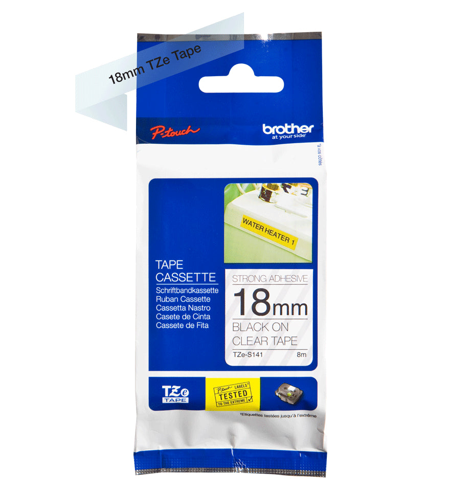 Ptouch Brother TZe-S141 Extra stark klebendes Schriftband – Schwarz auf Transparent – 18 mm × 8 m – für Brother P-touch