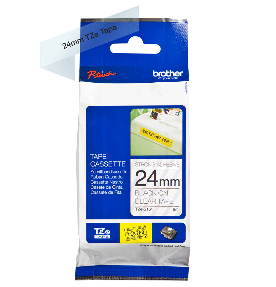 Ptouch Brother TZe-S151 Extra stark klebendes Schriftband – Schwarz auf Transparent – 24 mm × 8 m – für Brother P-touch