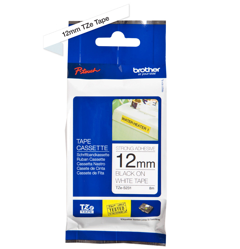 Ptouch Brother TZe-S231 Extra stark klebendes Schriftband – Schwarz auf Weiss – 12 mm × 8 m, laminiert – für P-touch