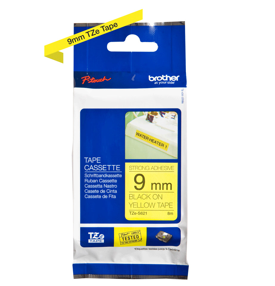 Ptouch Brother TZe-S621 extra stark klebendes Schriftband – schwarz auf gelb – 9 mm × 8 m – für Brother P-touch