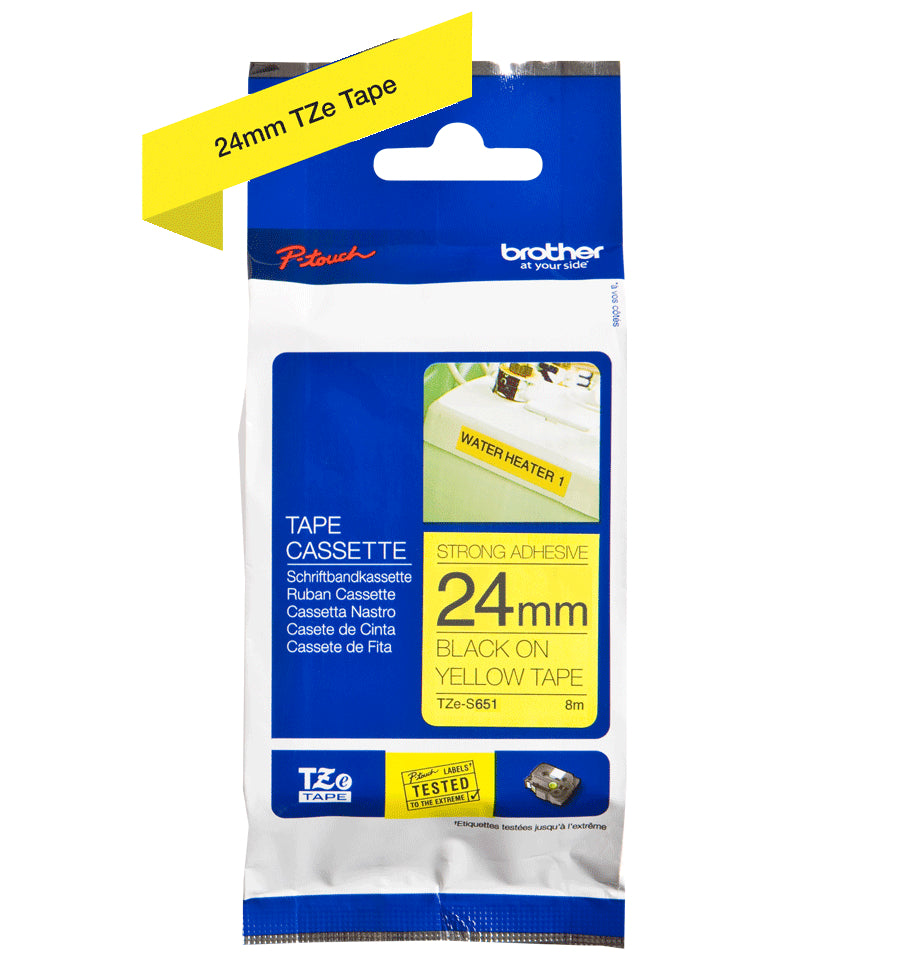 Ptouch Brother TZe-S651 extra stark klebendes Schriftband – schwarz auf gelb – 24 mm × 8 m – für Brother P-touch