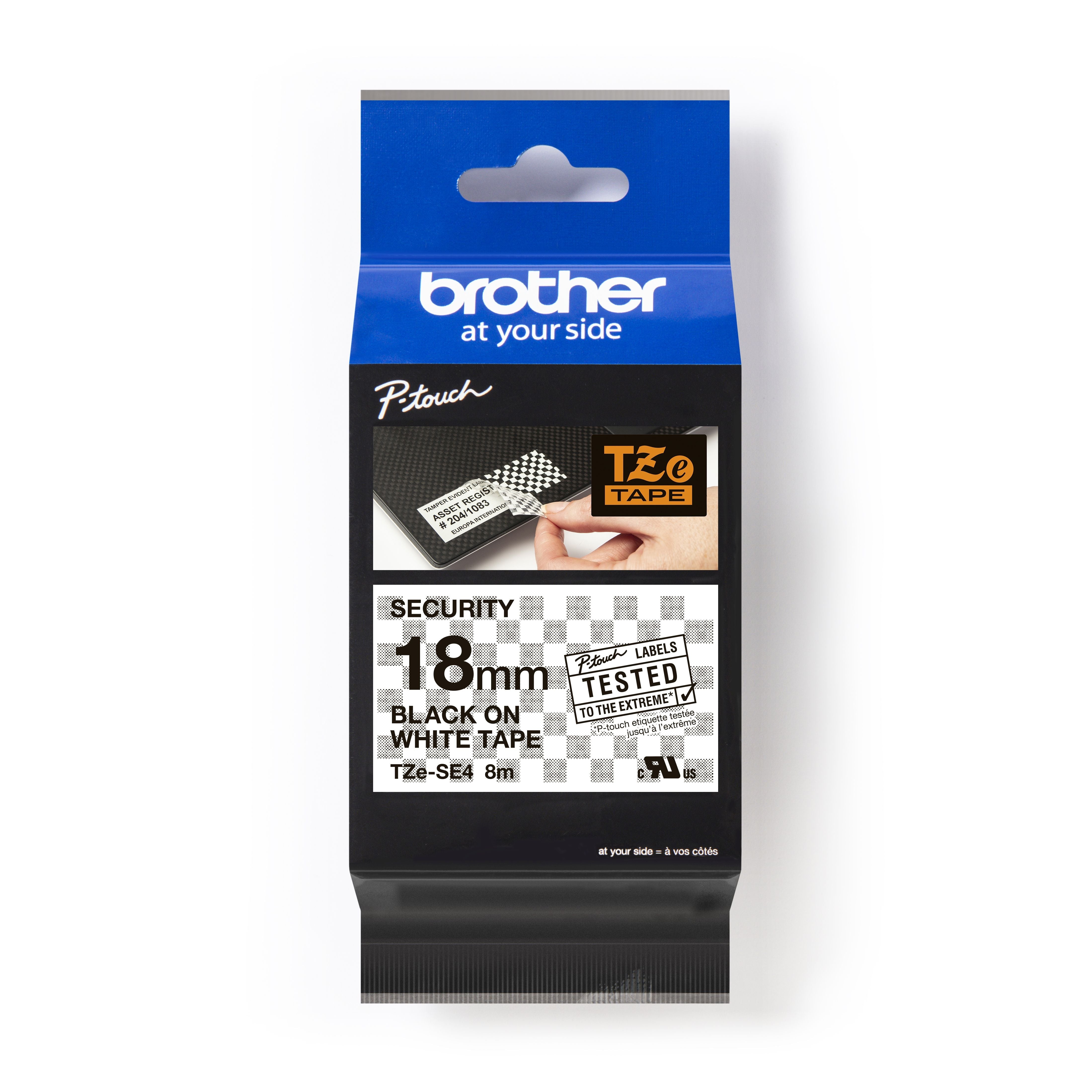 Ptouch Brother TZe-SE4 Schriftband – Schwarz auf Weiss – 18 mm × 8 m, laminiert – für P-touch PT-200/300/500