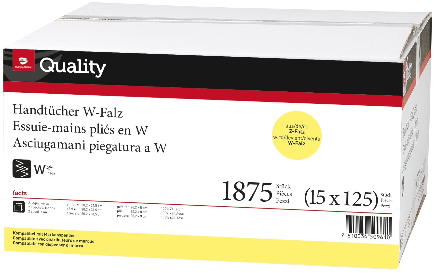 Quality Falthandtücher Z-Falz – 2-lagig, weiss – 202 × 315 mm – Packung mit 125 Blättern