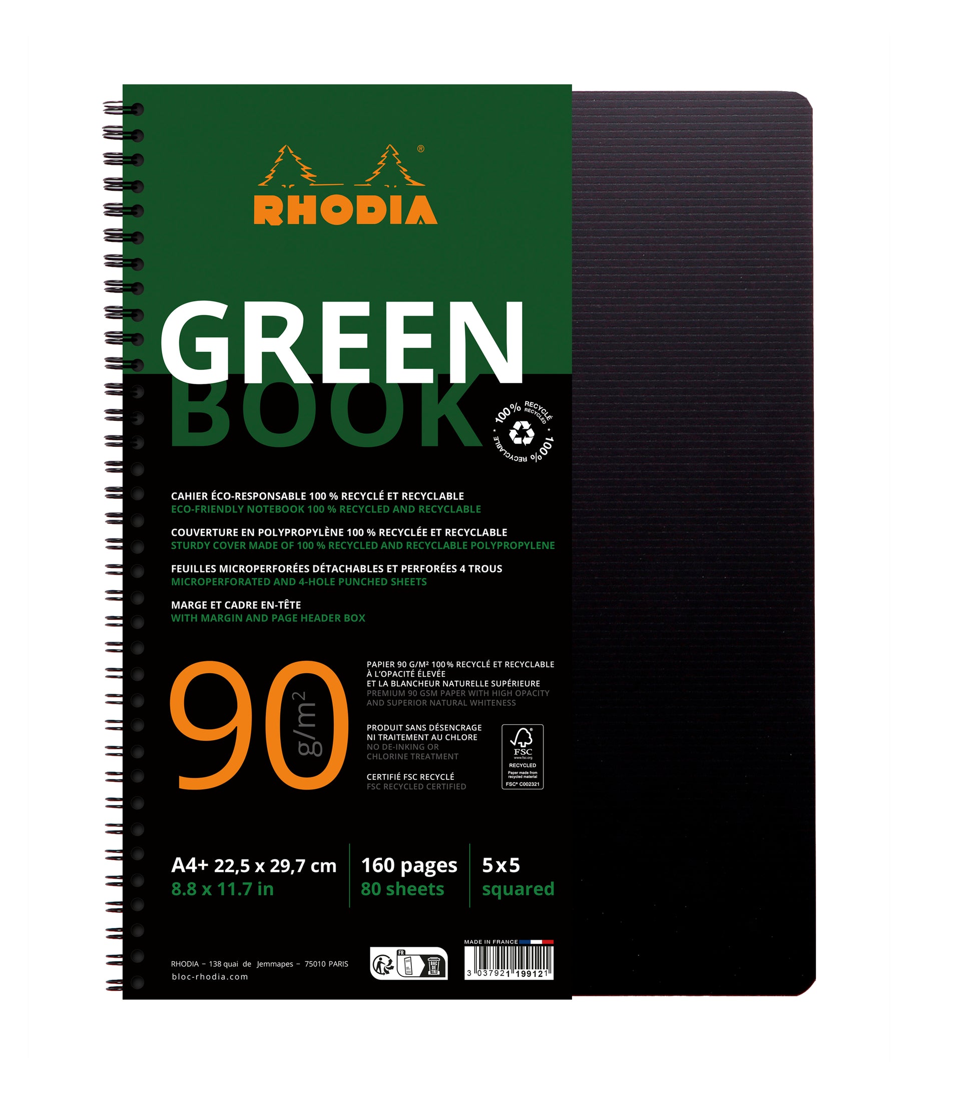 Rhodia Greenbook Collegeblock – A4+ – kariert – 80 Blatt – 90 g/m² – 4-fach gelocht, mikroperforiert, schwarz