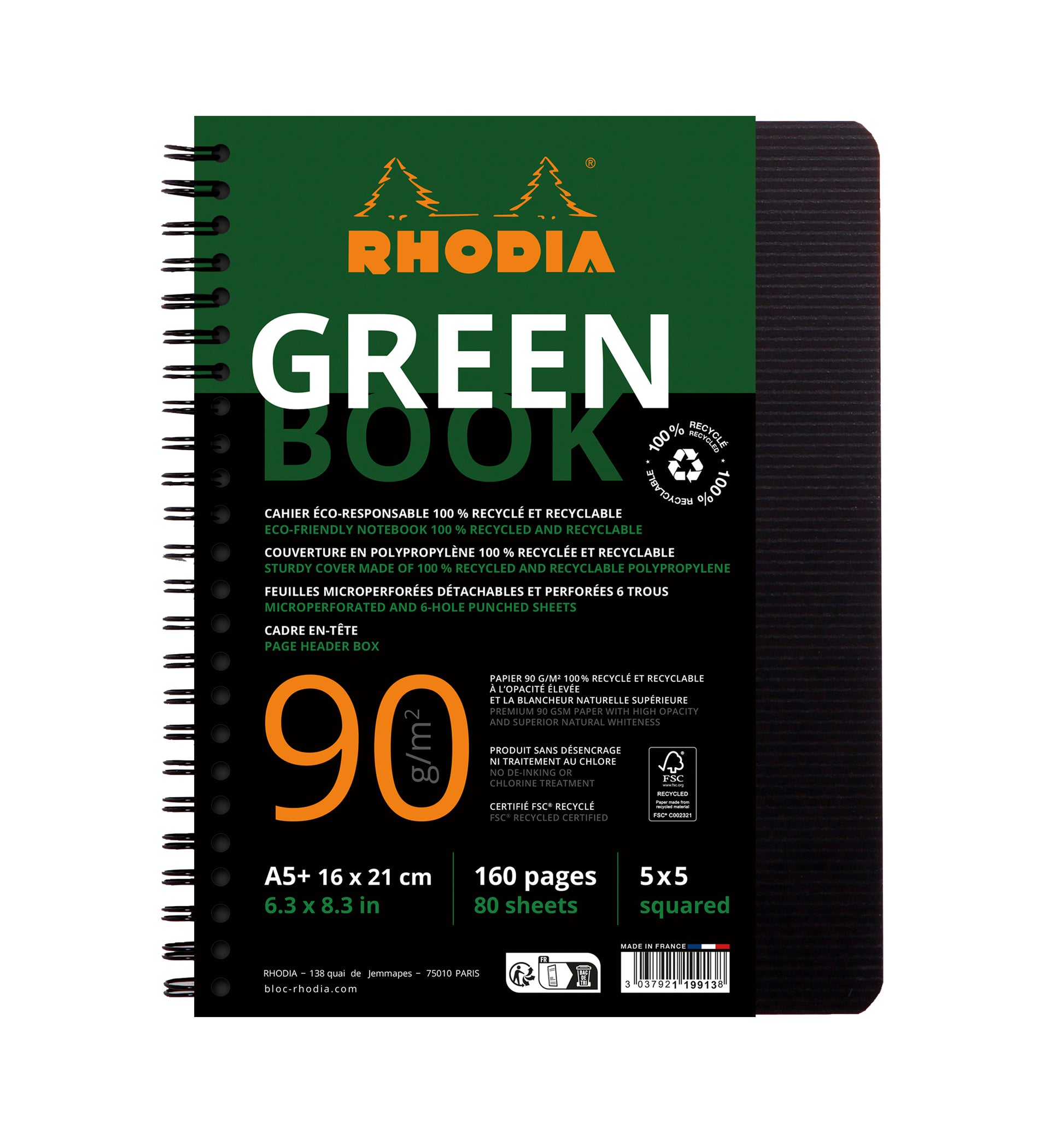 Rhodia Notizbuch – 170 × 214 mm – 80 Blatt – 90 g/m² – Spiralbindung, 6-fach gelocht, Kopfleiste, weiss
