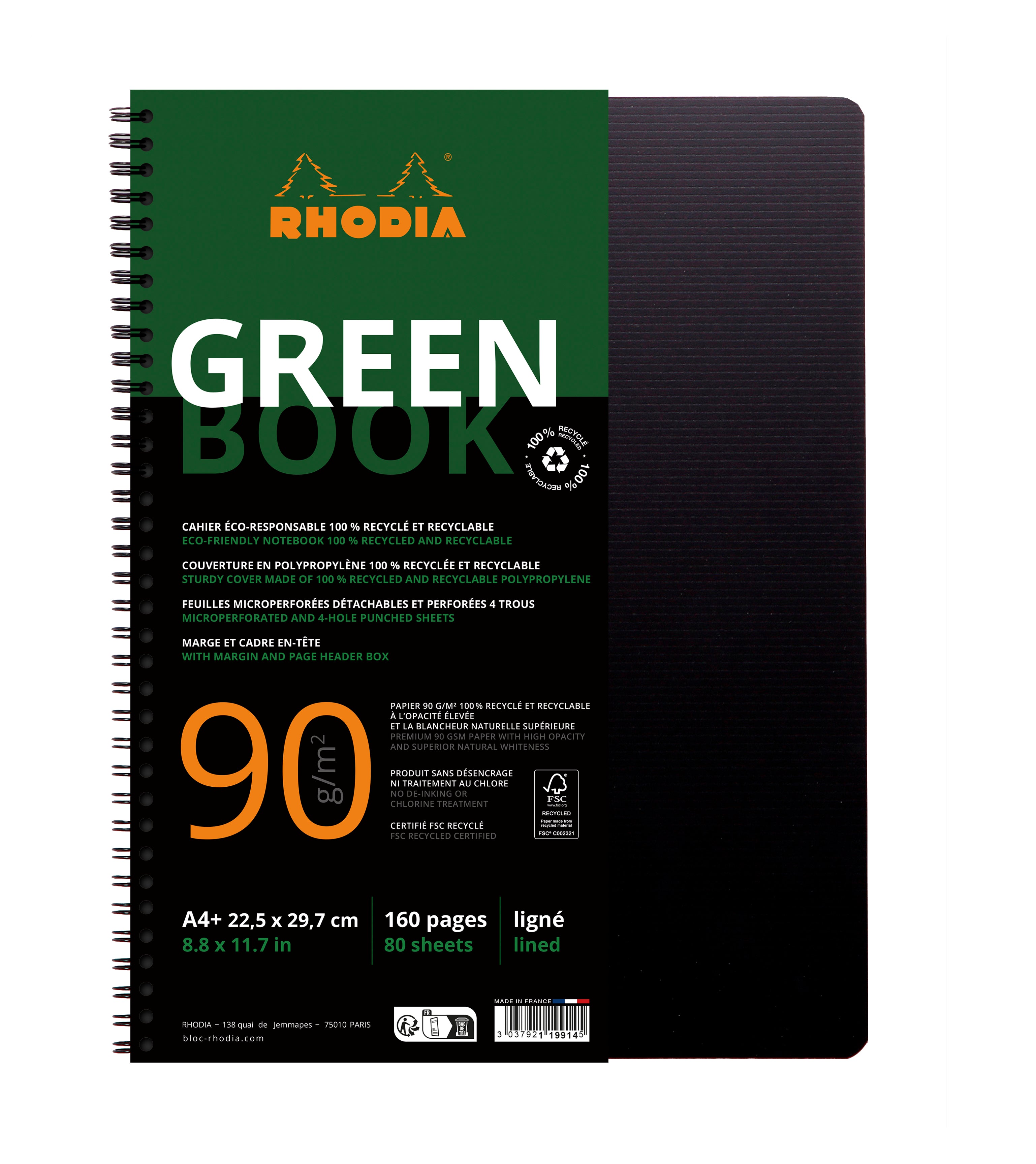 Rhodia Greenbook Collegeblock – A4+ – liniert – 80 Blatt – 90 g/m² – mikroperforiert, 4-fach gelocht – schwarz