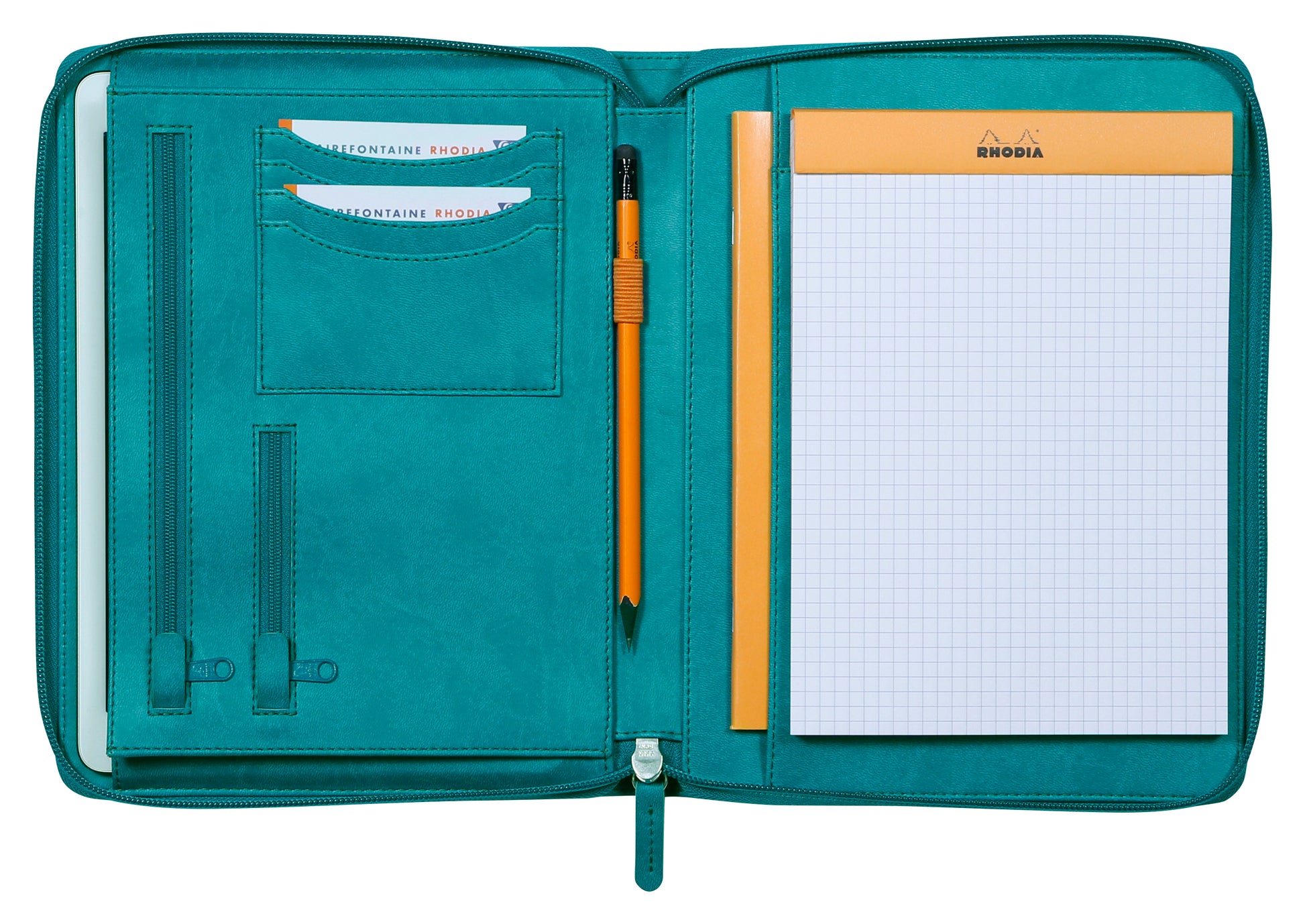 Rhodia Konferenzmappe 168103C, für A5, Reissverschluss, Kartenfächer, Stiftehalter – Kunstleder – Pfaugrün