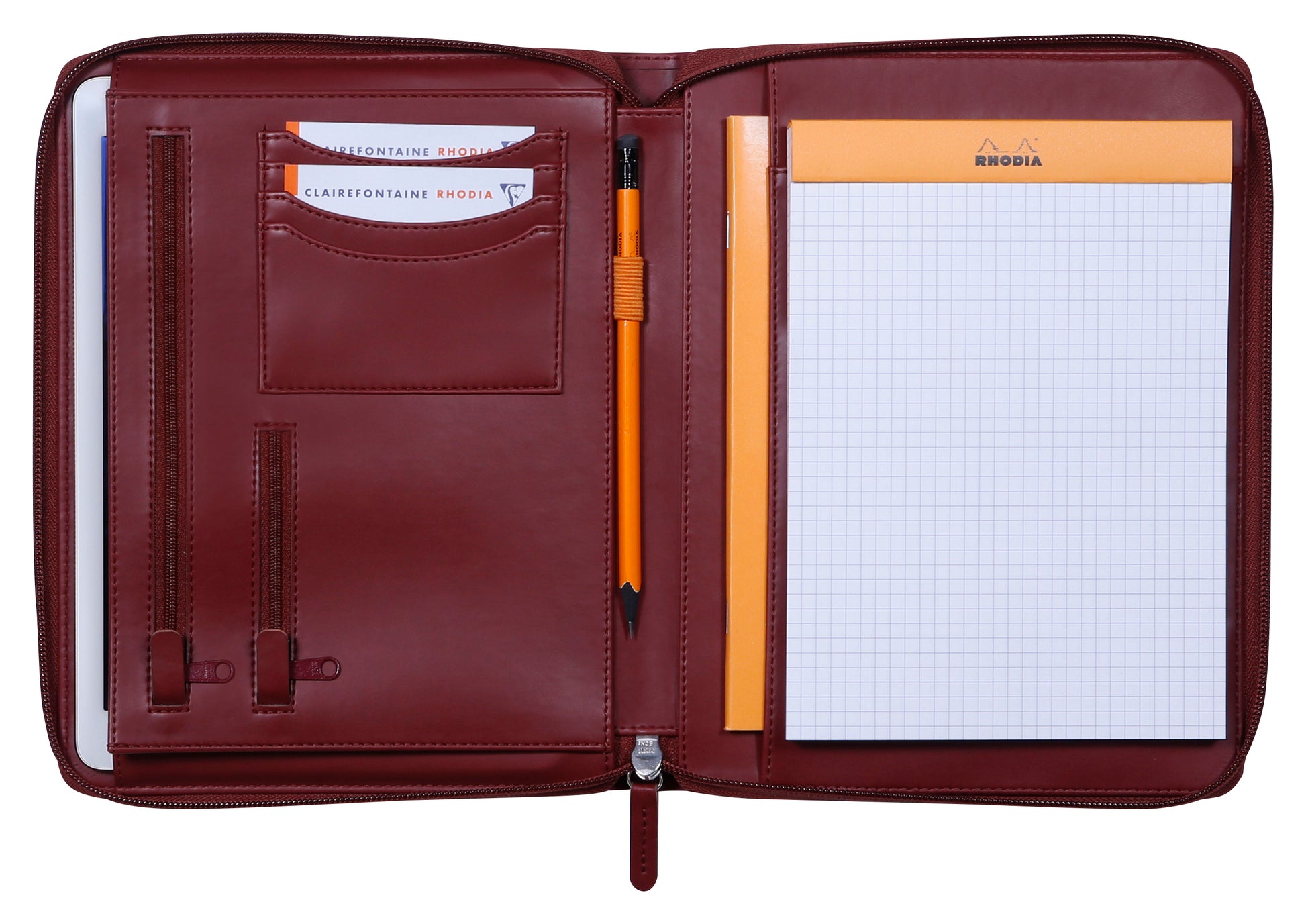 Rhodia Konferenzmappe 168107C für A5, Reissverschluss, Kartenfächer, Stiftehalter – Kunstleder – Weinrot