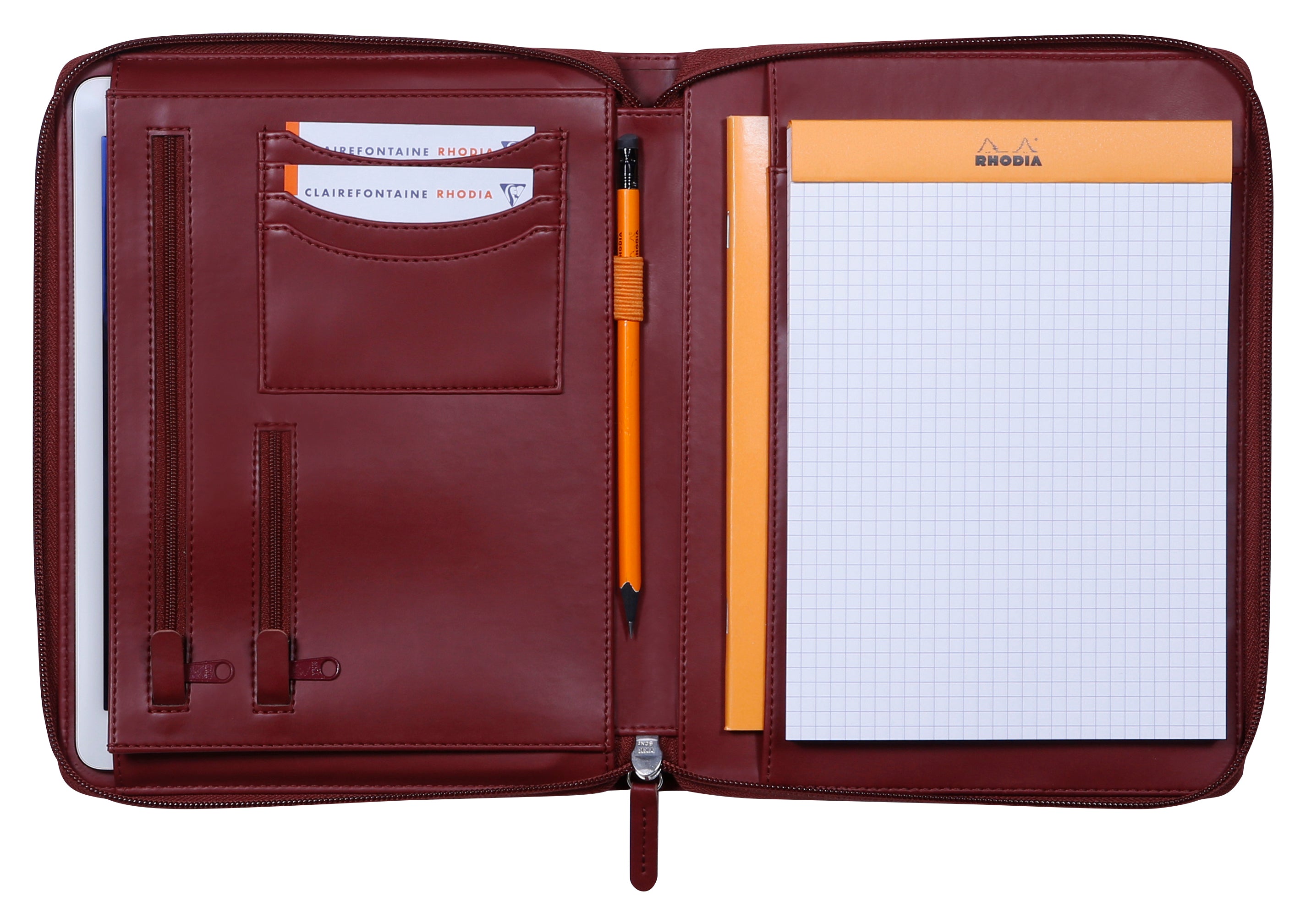 Rhodia Konferenzmappe 168107C für A5, Reissverschluss, Kartenfächer, Stiftehalter – Kunstleder – Weinrot