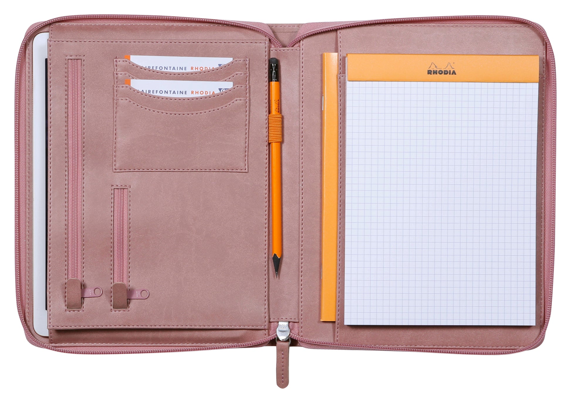 Rhodia Konferenzmappe 168108C, für A5, Reissverschluss, Kartenfächer, Stiftehalter – Kunstleder – Rosa