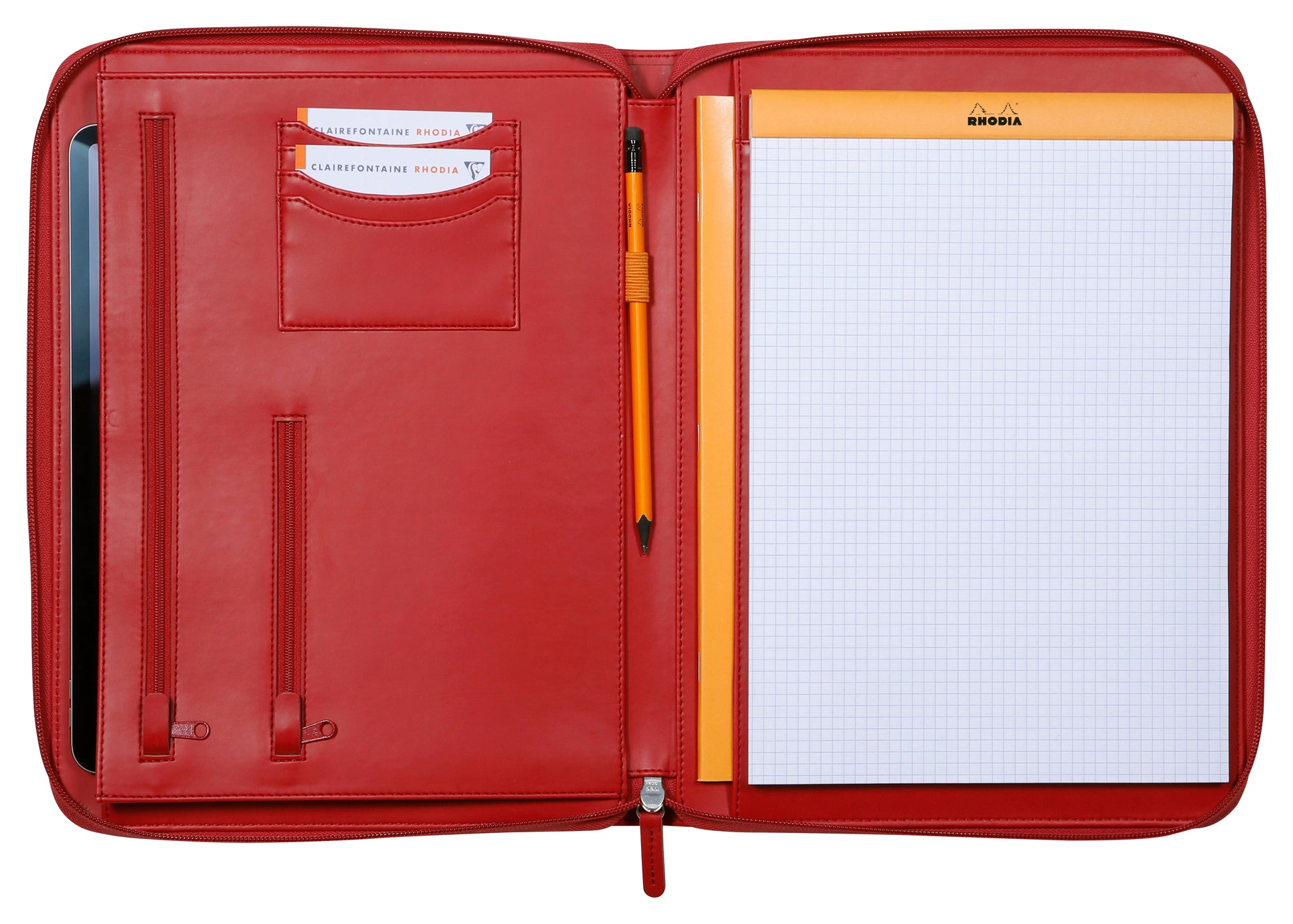 Rhodia Konferenzmappe 168122C, für A4, Reissverschluss, Kartenfächer, Stiftehalter – Kunstleder – Rot