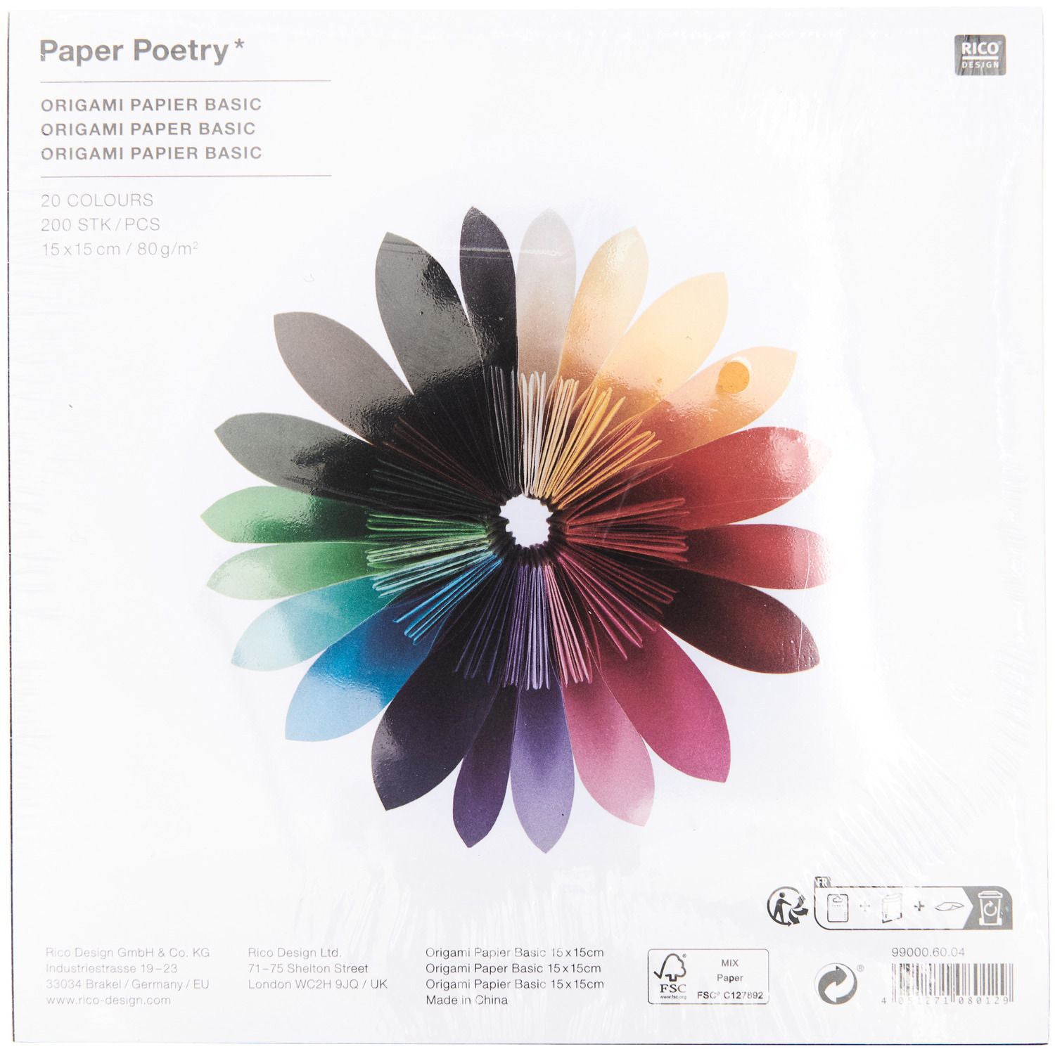 Rico Design Origamipapier – 15 × 15 cm, sortiert, 80 g/m² – 200 Blatt
