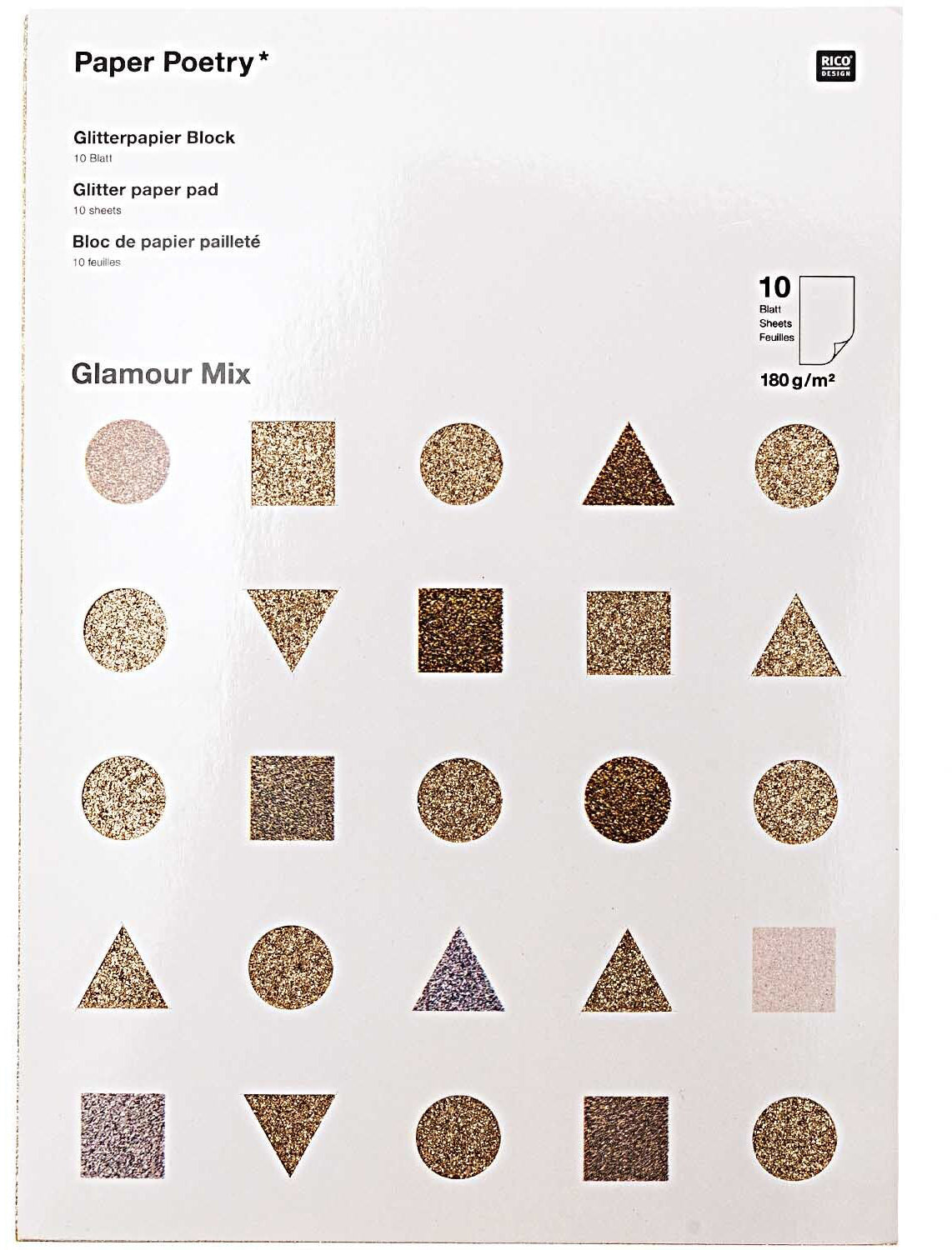 Rico Design Glitterpapierblock – A4, Glamour Mix, 180 g/m² – 10 Blatt