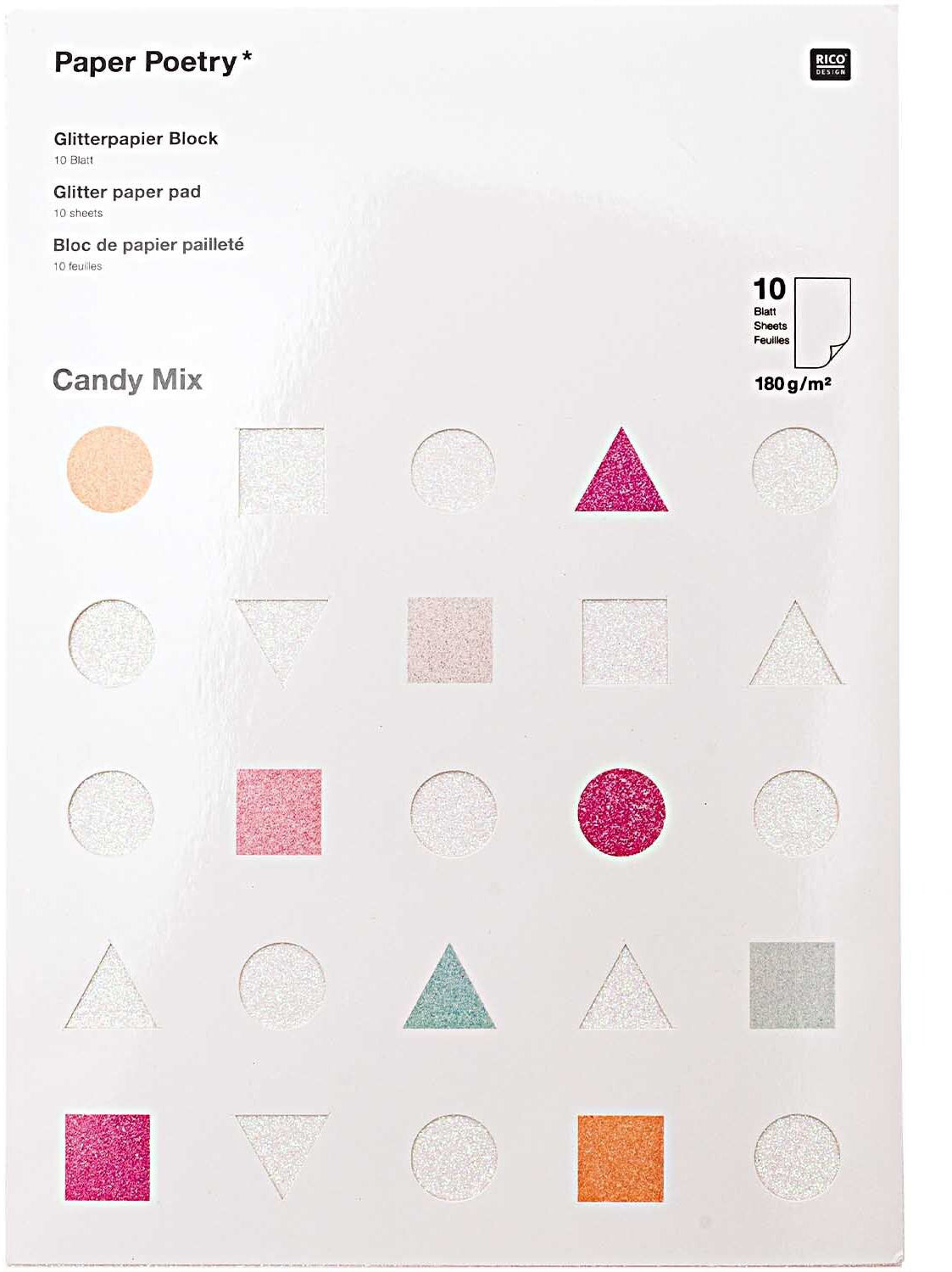 Rico Design Glitterpapierblock – A4, Candy Mix, 180 g/m² – 10 Blatt