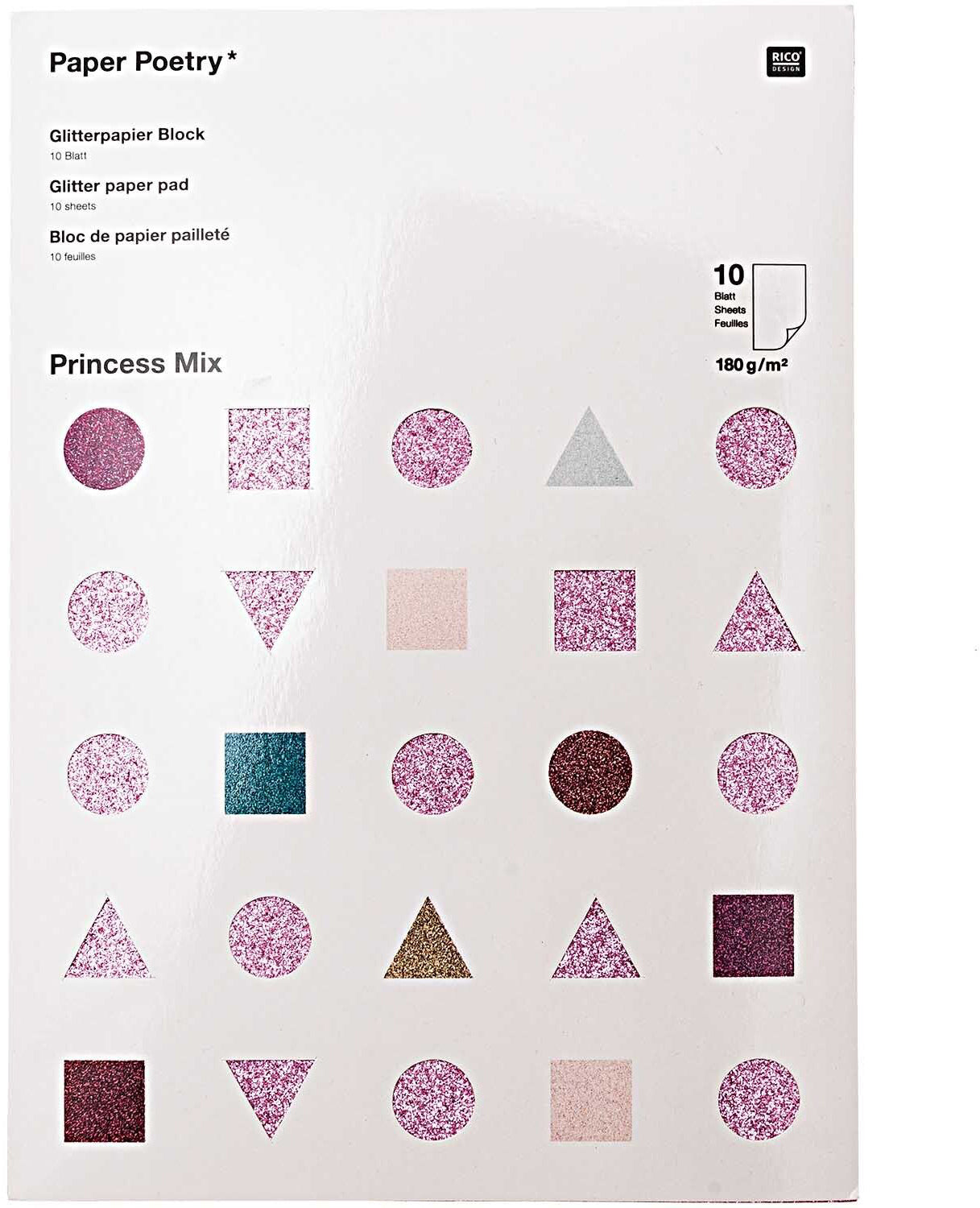 Rico Design Glitterpapierblock – A4, Princess Mix, 180 g/m² – 10 Blatt, Papier