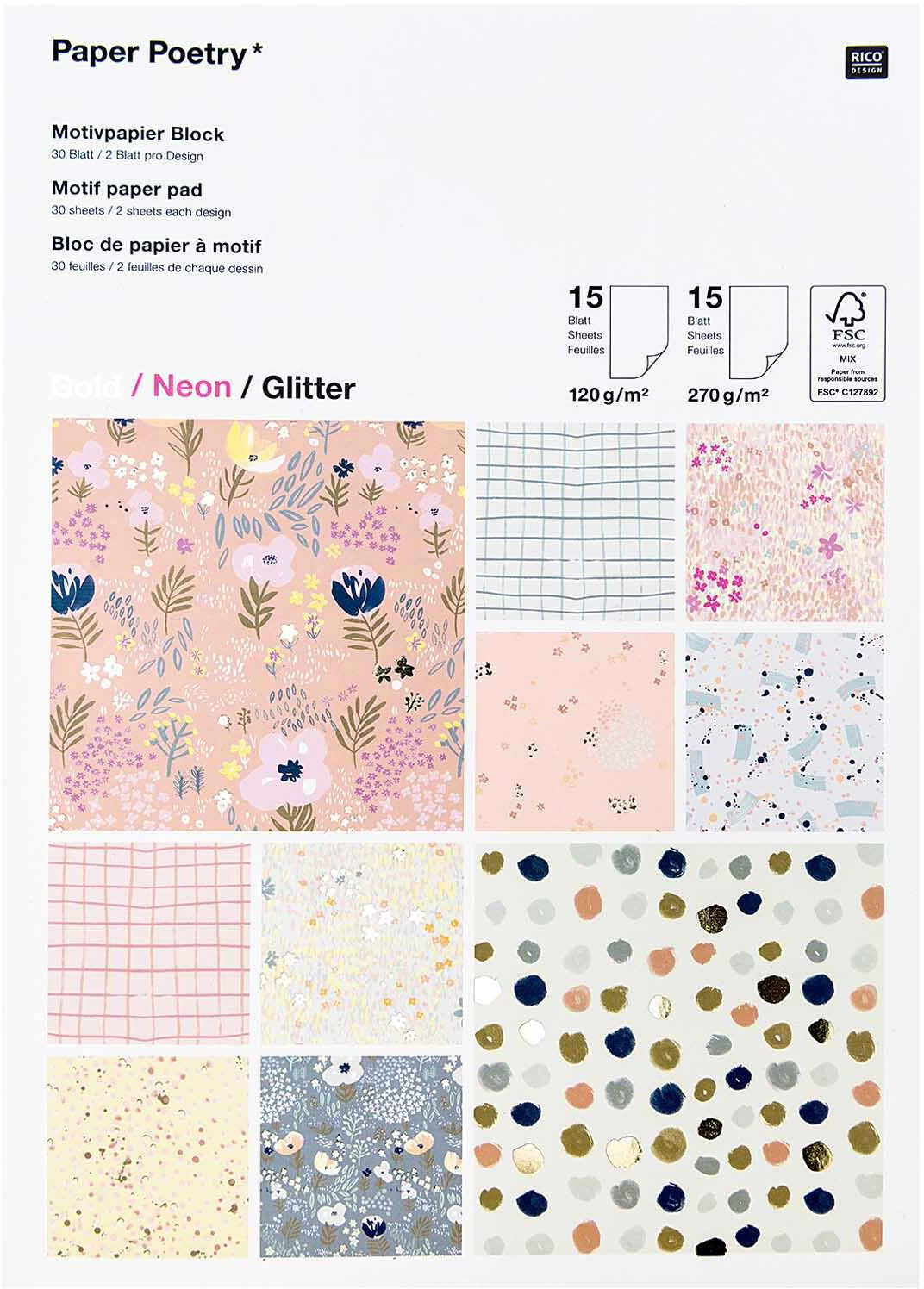 Rico Design Designpapierblock Crafted Nature – A4, 120–270 g/m² – 30 Blatt