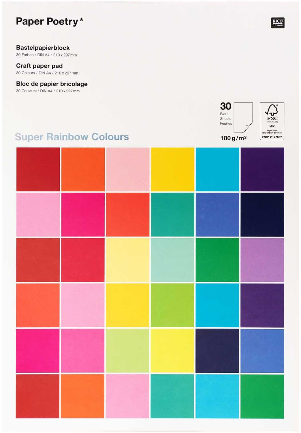 Rico Design Designpapierblock Super Rainbow – A4, 180 g/m²