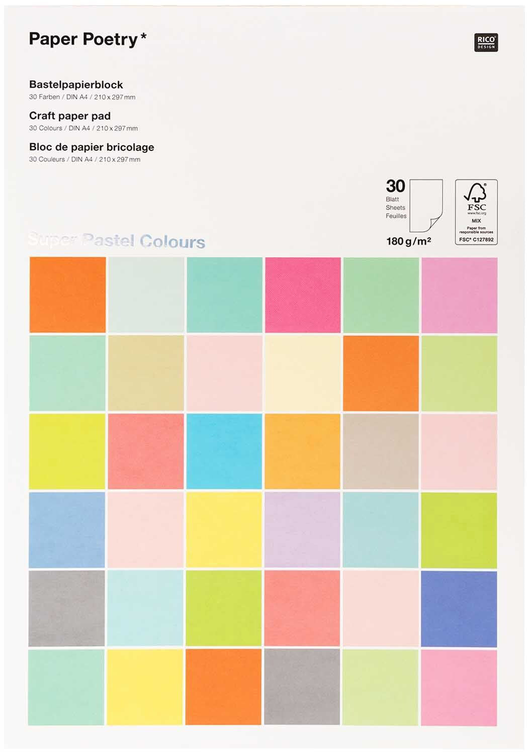 Rico design Designpapierblock Super Pastel – A4, Pastell, 180 g/m² – 30 Blatt, durchgefärbtes Papier