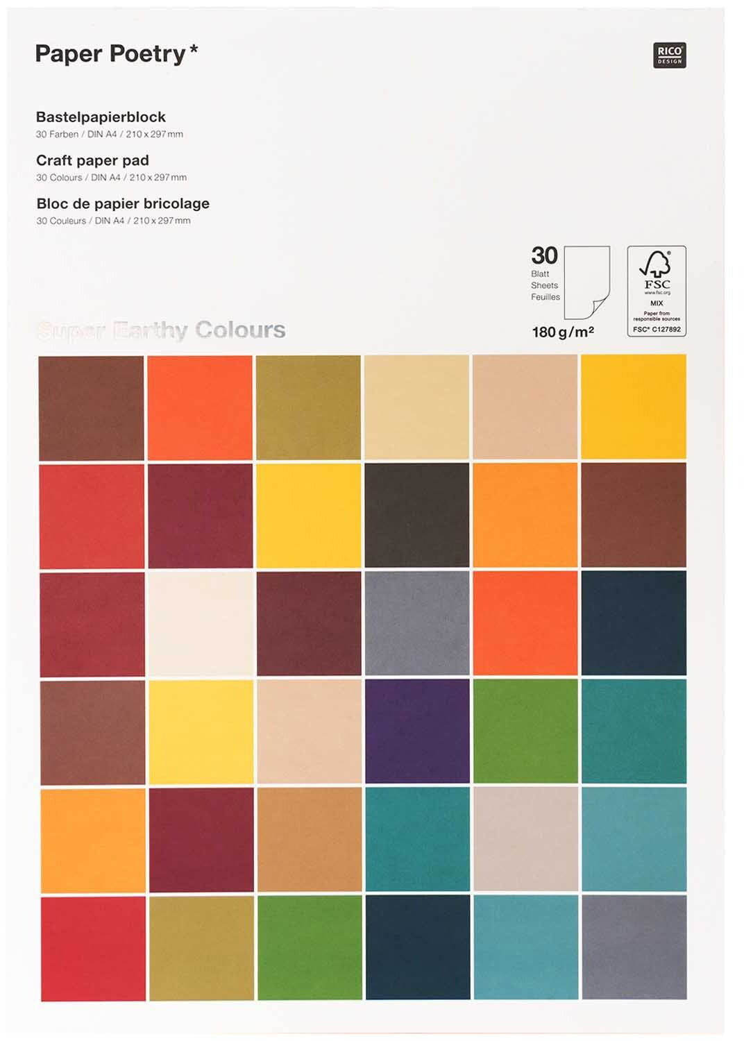 Rico Design Bastelblock Super Earthy – A4, Erdtöne, 180 g/m² – 30 Blatt, durchgefärbtes Papier, Paper Poetry