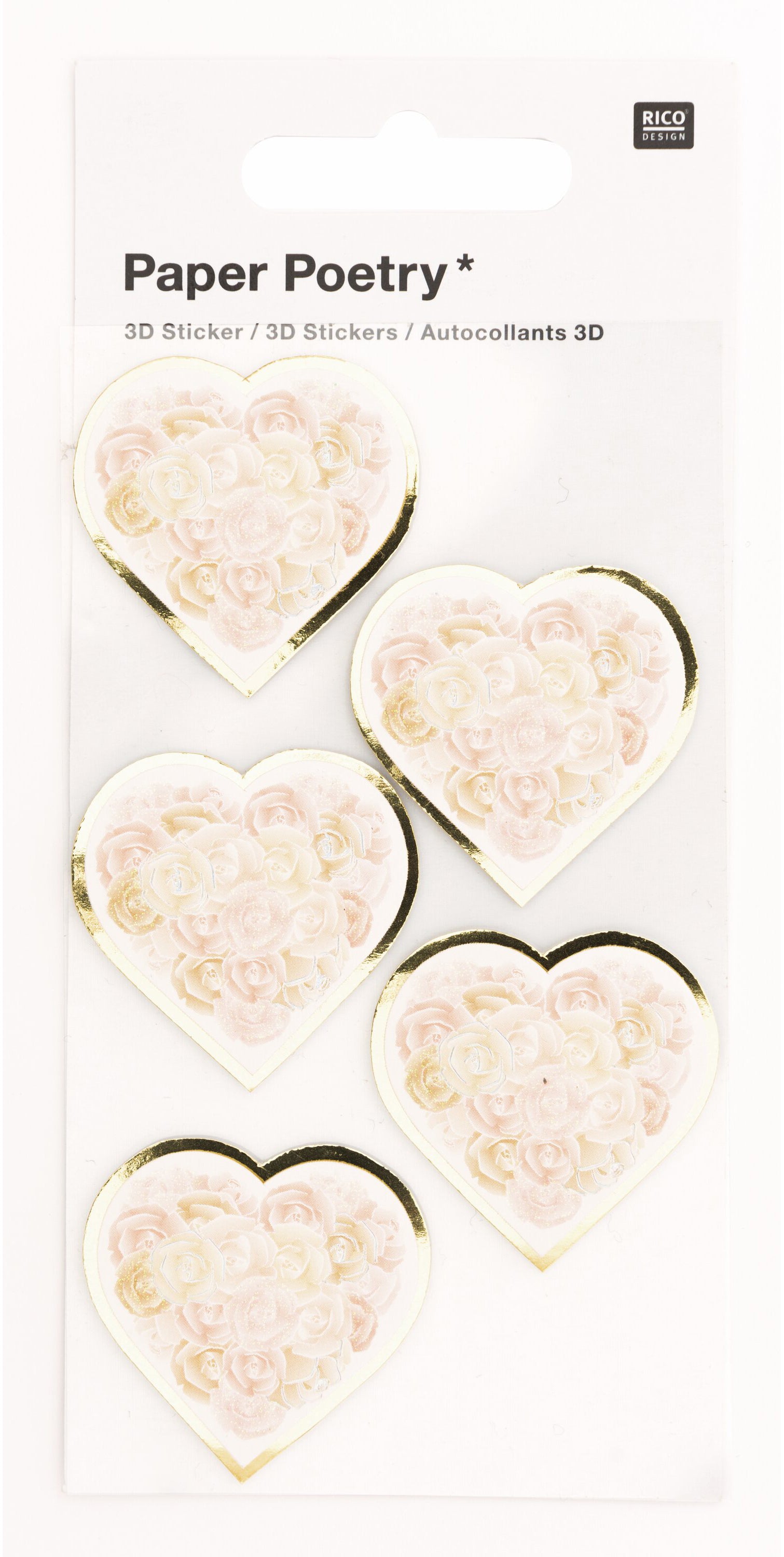 Rico Design Sticker 3D – Herzen mit Rosen, glänzend, Hotfoil, Glitter – 1 Bogen/5 Sticker